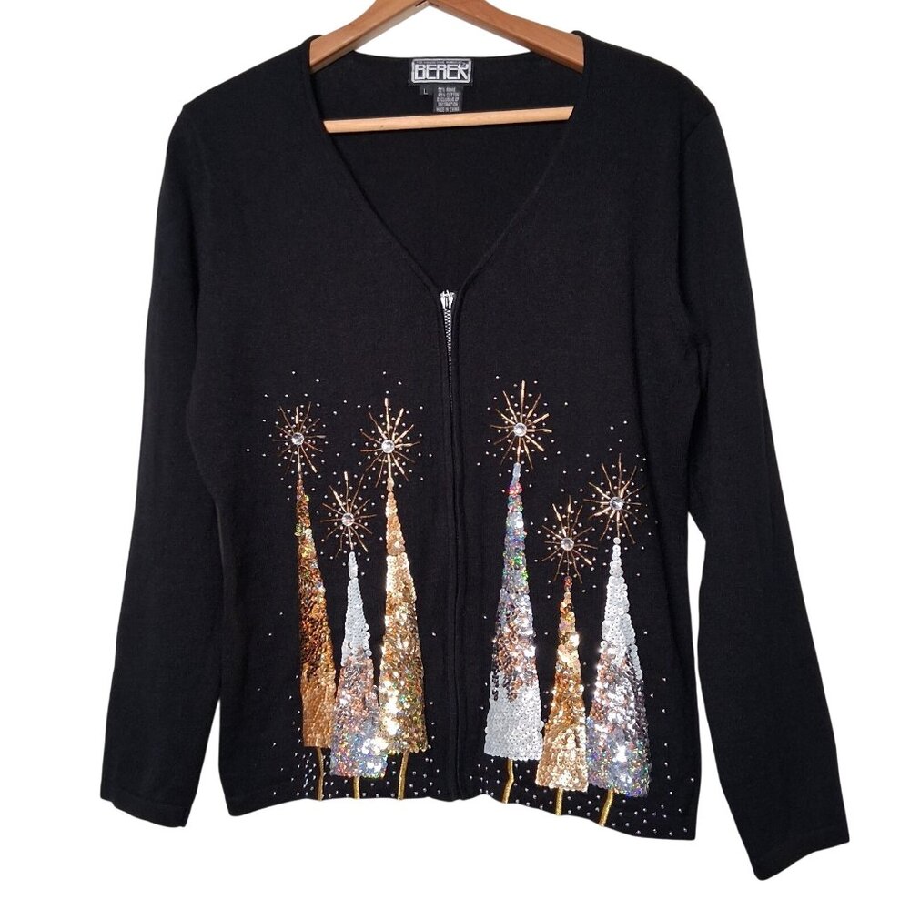 Berek Cardigan Sweater Women L Sequins Beaded Christmas Trees Pine Tree